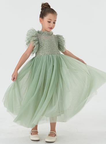 2Bunnies Girl Iris Floral Lace High Neck Ruffled Flutter Sleeve A-Line Tutu Tulle Party Flower Girl Dress4