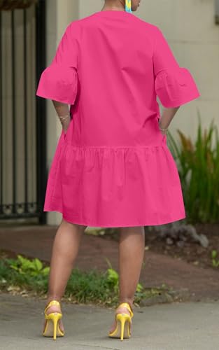 Image of Choichic Button Down Shirt Dresses for Women with Pockets Flare Bell Sleeve A-Line Midi Tunic Dress