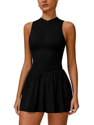 ABOCIW Womens Zip Front Tennis Dress High Neck Sleeveless Workout Golf Dresses Build in Shorts with Pockets