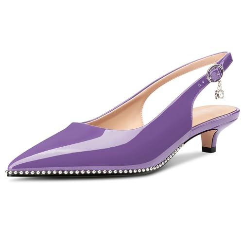 Image of TNYNFBEB Womens Low Kitten Heel Close Pointed Toe Pumps Slingback Silver Beaded Buckle Prom Party Dress Patent Leather 1.4 Inches Heels