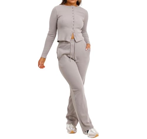Image of StyleWear Ladies Long Sleeve Button Up Ribbed Cardigan Top And Flared Bottom Pocket Trouser Lounge Wear Tracksuit Womens Winter Wear 2pc Co Ord Set