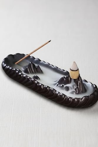Mountain Incense Holder with Stick Holder, Waterfall Cone Backflow Incense Burner Ceramic Fountain, Black Cone Holder