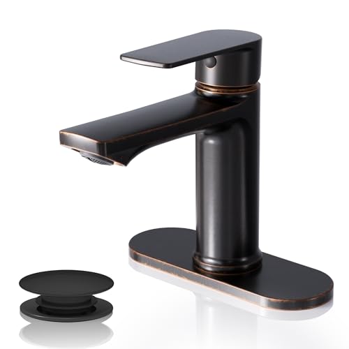 BELZ Oil Rubbed Bronze Bathroom Faucet, Modern Single Handle One Hole Bath Vanity Sink Faucet with Pop Up Drain and Deck Plate for 1 or 3 Holes