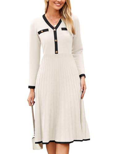 Simplee Women Long Sleeve Sweater Dress Ribbed Knit Formal Work Midi Dresses (Beige M)