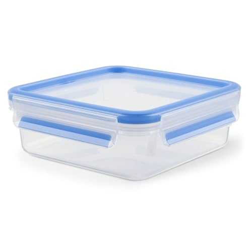 EMSA Clip & Close Frischhaltedose, quadratisch, 0,85 L, mit Deckel, Aufbewahrungsbox, 100 Prozent dicht, spĂĽlmaschinen-, gefrier-, mikrowellenfest, Transparent, Blau, Made in Germany, 508536