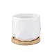 Mkono 3.5 Inch White Ceramic Succulent Plant Pots with Bamboo Tray Small Cactus Planter Simple Flower Pots with Drainage Holes, Set of 3