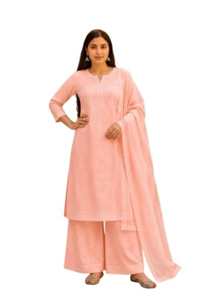 Image of Women's Embroidered Mul Chanderi Chikankari Kurta with Palazzo and Dupatta Set Ethnic Wear 3 Piece Suit Set for Women Festive Traditional Party