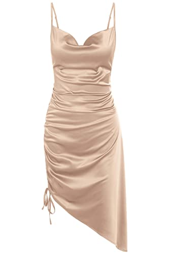 Zaful Asymmetric Club Dresses For Women Cowl Neck Satin Dress Cowl Neck Cocktail Dress Drawstring Sexy Nightout Dress L #TOP21