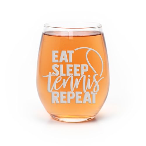 Eat Sleep Tennis Repeat Stemless Wine Glass - Funny Gift for Tennis Players - 1 Glass