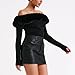 Fur Trim Off The Shoulder Shirt for Women Long Sleeve Stretchy Slimming Going Out Nightout Shirt 2025 Fall Clothes Black