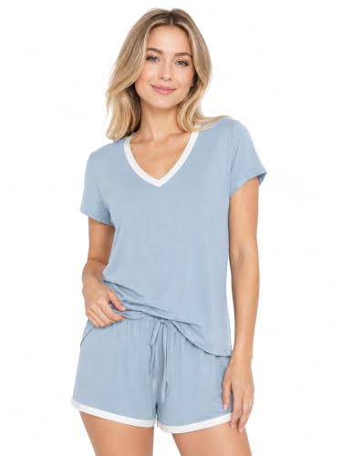 Image of Joyaria Cooling Pajamas Bamboo Viscose Women Short Sleeve V Neck PJ Shorts Set
