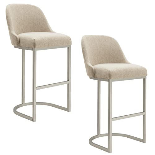 Leick Home 10133PW/OL Butaco Barrelback con Base de Metal, Set de 2, para Barras Altas y Mesas Elevadas, Asiento Moderno en Lino Beige y Base Metálica Pewter | Patas Niveladoras Ajustables, Independiente, Estilo Contemporáneo/Moderno miniatura 1