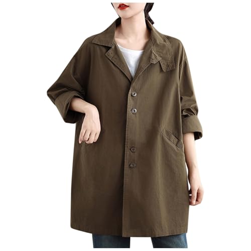 Women Vintage Mid-Long Trench Coat Lapel Button Down Long Sleeve 2025 Spring Cardigan Outerwear Jackets with Pockets