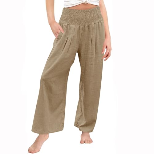 Moonker Teen Girls Linen Palazzo Pants Lightweight Baggy Wide Leg Straight High Waist Trousers Summer Solid3