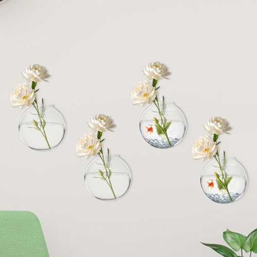 Wall Hanging Planter, Glass Wall Vase with Nail Hook, Clear Wall Mounted Planter Propagation Station for Flowers Hydroponics Plant Home Office Decor (4Pack)