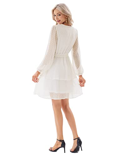 Grace Karin Women's Chiffon Wrap V Neck Fringe Sleeve Swiss Dot Dress Elastic High Waist Wedding Guest Dress With Belt White L #TOP2