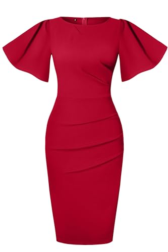 Image of IHOT 2024 Women's Vintage Ruffle Short Sleeve Ruched Bodycon Cocktail Party Work Dress