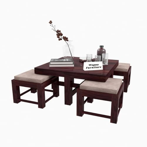 Image of Solid Sheesham Wood Coffee Table with 4 Stool | Center Table with 4 Stools for Living Room | Rosewood Teapoy Table with Cushioned Stool (Ornate,Walnut Finish)