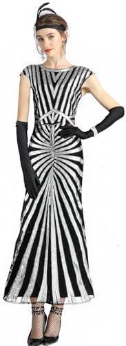 Image of Women Evening Maxi Long Dress 1920s Sequin Mermaid Hem Wedding Prom Gown Costume w / 20s Gatsby Accessories Set