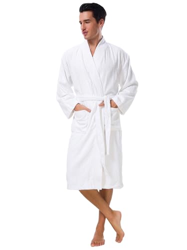SIORO Mens Robes Terry Cloth Kimono Bathrobe Cotton Towel Bath Robe Soft Shower Spa Hotel Hot Tub Calf Length Long Sleepwear, Pure White Large3