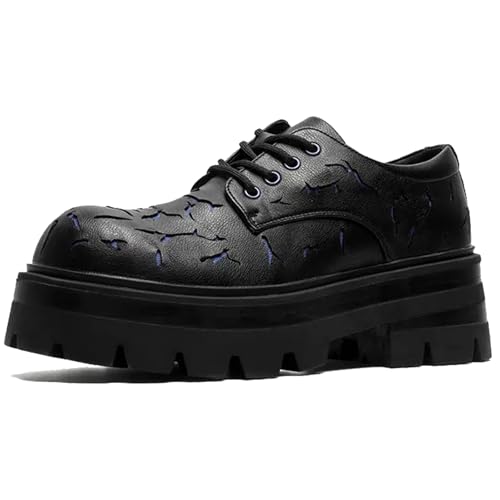 Men's Platform Block Heel Oxfords with Textured Patterns Round Toe Lace Up Thick Lug Sole Casual Business Work Derby Dress Shoes