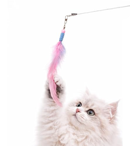 Serviteur 猫 おもちゃ 猫じゃらし 羽 頑丈 釣り糸 ペット用品 鈴付き 猫 遊び道具 羽根 猫用オモチャ 噛むおもちゃ 歯のケア 金具付き 釣り糸 交換用 プレゼント ピンクの商品画像（Amazon）