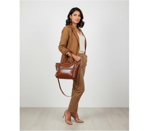 Image of Croco Pattern Premium Synthetic Leather Handbag For Women Top Handle Shoulder Bag Adjustable & Detachable Sling Strap Stylish Handbag For Ladies (Tan) (Tan)