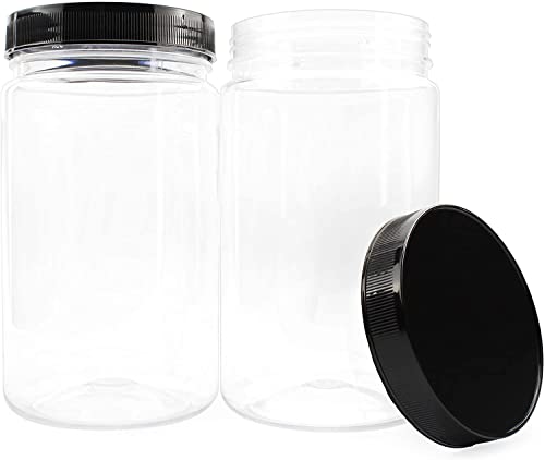Cornucopia 32Oz Clear Plastic Jars With Black Ribbed Lids (6 Pack): Bpa Free Pet Quart Size Canisters For Kitchen & Household Storage #TOP5