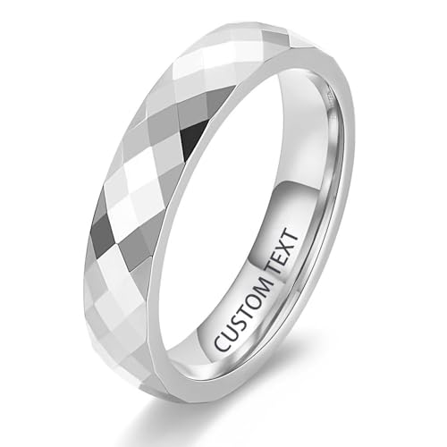 MYNENEY 4mm/6mm Tungsten Custom Engraved Band Rings Faceted Engagement Wedding Ring for Couple Comfort Fit Women Men5-12 (4mm-silver, 9)