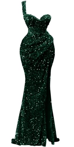 One Shoulder Sequin Prom Dresses 2024 Sparkly Mermaid Slit Evening Party Gowns for Women Formal