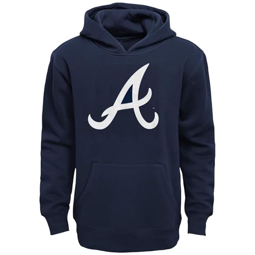 Outerstuff MLB Kids Youth 4-20 Official Primary Logo Fleece Lined Pullover Hoodie Sweatshirt (US Numeric 10 12 Regular Atlanta Braves - Navy Atlanta Braves)