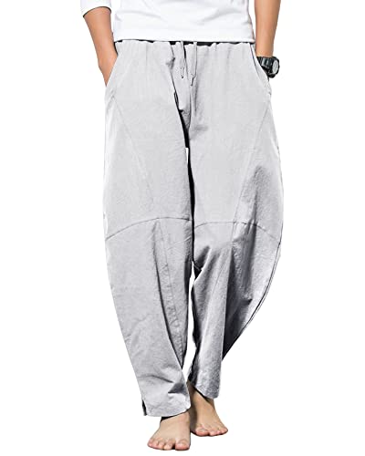 Audate Men's Cotton Pants Summer Trousers Solid Casual Beach Yoga Harem Pant Light Gray M #TOP20
