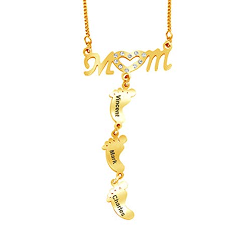 YYBF Personalized Mom Heart Symbol Necklace, Sterling Silver Heart Mama and Baby Feet Pendant Custom Name Necklaces Gifts, with Child Name Custom Engraved Charms Necklace (Gold)