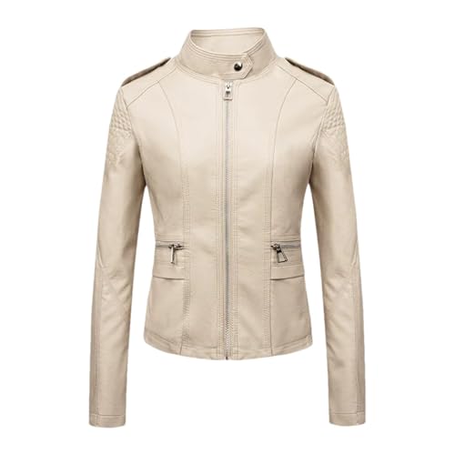 Combinaison de moto courte pour femme en cuir PU, col montant, manches longues, fermeture éclair, manteaux minces, beige, L