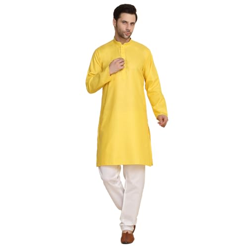 Image of KRAFT INDIA Men's Cotton Solid Kurta With Drawstring Pyjama Set