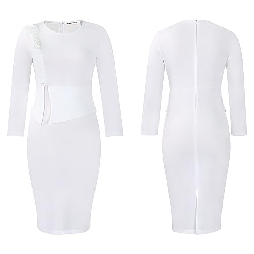 Women's Business Casual Midi Pencil Dress Elegant Round Neck Long Sleeves Ruffle Trim High Waist Bodycon Work Dress (Color : White, Size : 3X-Large)2
