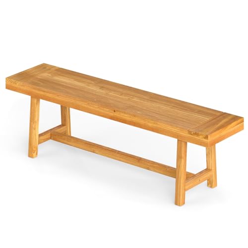 Tangkula 63-Inch Teak Wood Outdoor Bench Backless Farmhouse Long Patio Dining Bench 3-Person Dining Bench with Angled Legs for Dining Entryway Outside Wood Bench for Balcony Backyard & Garden (1)
