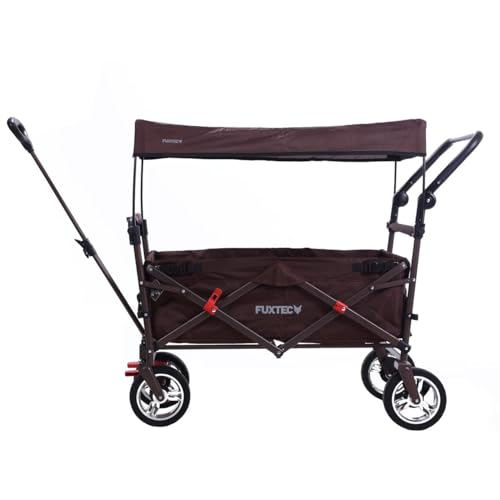 FUXTEC Bollerwagen faltbar FX-CT700 Braun mit Dach - Transportwagen klappbar | inkl. komfortablem Schiebegriff | Feststellbremse | Vollprofilreifen | Handwagen/Leiterwagen – Das Original