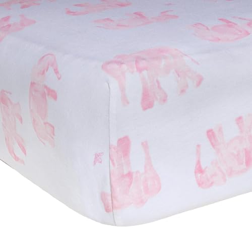 Image of Burt's Bees Baby Print Fitted Crib Sheet Organic Cotton BEESNUG - Pink Wandering Elephants Animal Prints, Fits Unisex Standard Bed and Toddler Mattress, Infant Essentials, 52 x 28 Inch 1-Pack