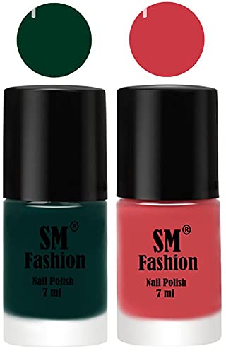 Image of Long Lasting Nail Polish | Nail Paint Combo 7 ml Each) - Set of 2 Dark Green-Punch Pink