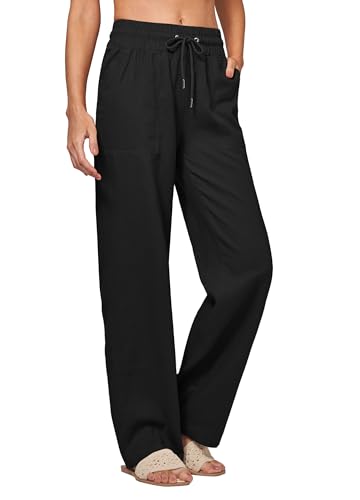 Women Linen Pants Wide Leg Palazzo Pants Cotton Linen Drawstring Summer Pants with Pockets 29"/31"/ 33"3