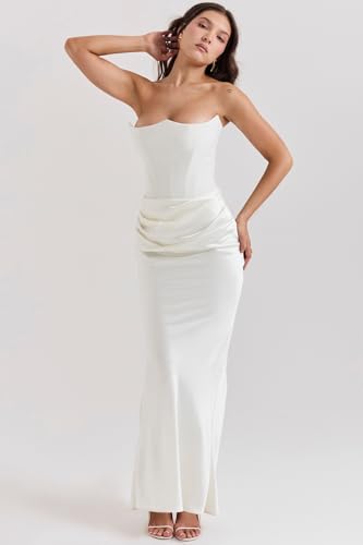 Image of ANKOMINA Women's Strapless Boned Corset Satin Dress Sexy Backless Pleated Stitching Dresses for Wedding Cocktail