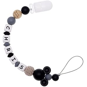 Panny & Mody Clip personalizado para chupete con nombre, soporte para chupete de tela de algodón para regalo de cumpleaños de bebé, se adapta a todos los chupetes (negro)