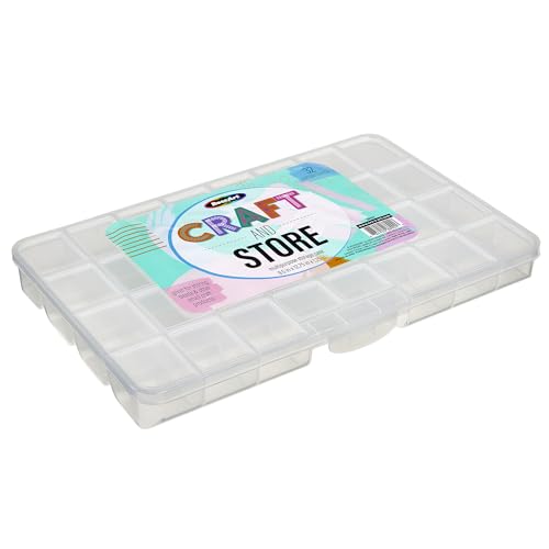 Image of RoseArt Transparent 32 Grid Plastic Storage Box with Fixed Dividers - Organization Container for Loose Beads, Washi Tapes, Jewelry Supplies, Fishing Tackle and More - Made in U.S.A.