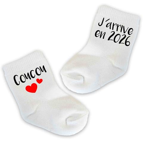 Chaussettes Annonce Grossesse Personnalisées – Cadeau Original Bébé 2025/2026 – Message Surprise Future Mamie, Papy, Marraine – (Coucou j'arrive en 2026 - envoi amazon)