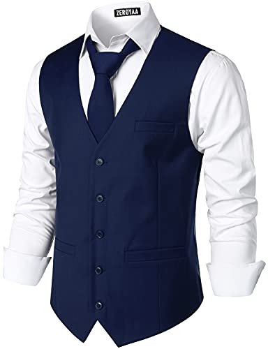 Zeroyaa Men's Hipster Urban Design 3 Pockets Business Formal Dress Vest For Suit Tuxedo Zlsv16 Navy Large #TOP1