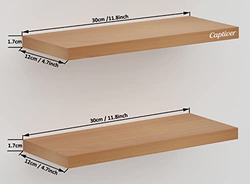 Image of Captiver Wooden Wall Mounted Display Shelf 2 Tier (12x30 CM,) Living Room Kitchen Storage Bedroom Showpiece Racks Study Designer Organiser (Beech)