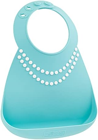 Silicone Baby Bib by ABBY&FINN, Blue with Pearl Necklace, Waterproof, BPA Free Silicone, Easy Wipe Clean, Dishwasher Safe, For Baby & Toddler