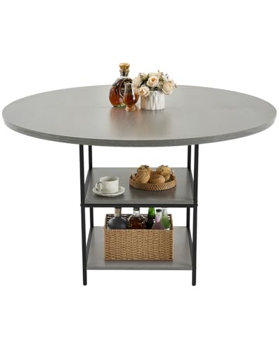 VEVOR Round Dining Table, 47 inch Wood Table for 2-4 Person, Modern Circle Dinner Furniture, Leisure Tables with Storage Shelf and Metal Legs, for Home Kitchen Living Room, Grey (Only Table)