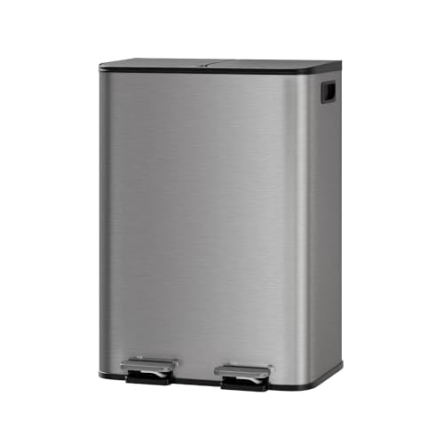Garvee Trash Can, 2 x 8 gal (2 x 30 L) Garbage Can for Kitchen Dual Compartment Recycling Kitchen Step Trash Bin, Stainless Steel Trash and Recycle Bi
